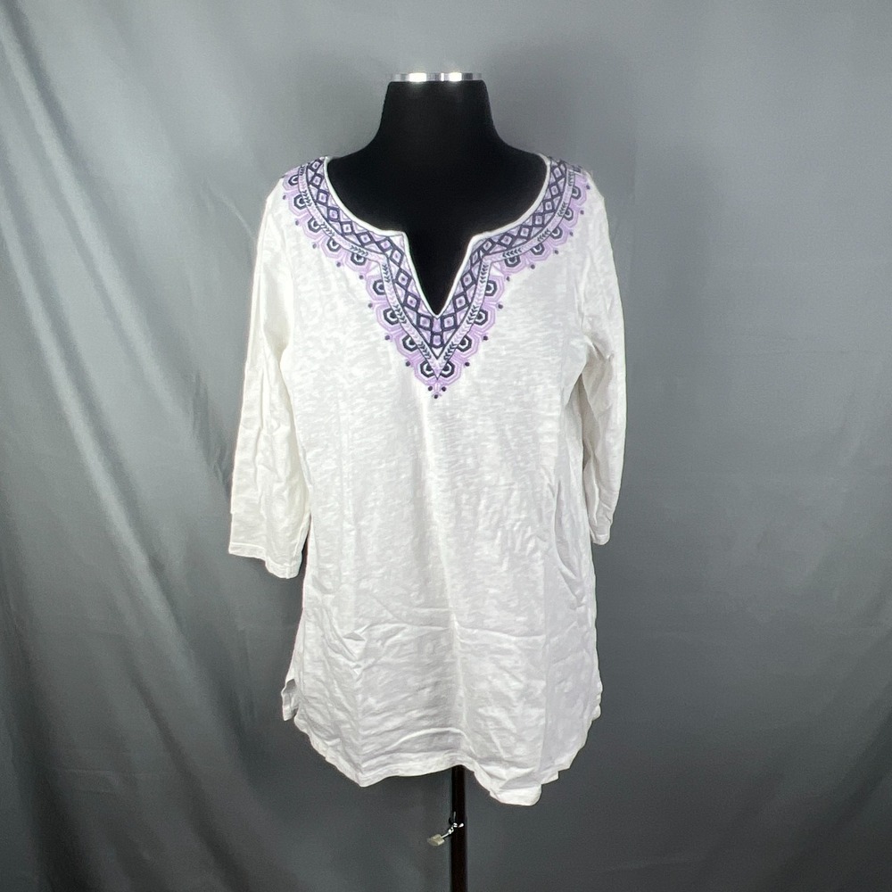 Talbots Tunic Top Womens 1X White Cotton Embroidered Split Neck Long Sleeve